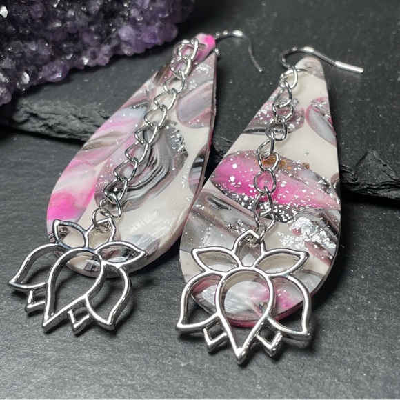 Artisan Jewelry - Elegant Pink, Gray and Silver Artisan Lotus Flower Dangle Earrings